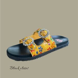 Yellow Floral Slide Sandals with Rhinestone Buckles for kids